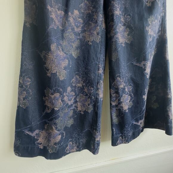 Pilcro Anthropologie Metallic Floral Brocade Wide Leg Pants Blue Gold Sz 30 - Picture 6 of 14